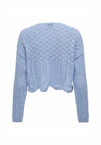 Maglione cropped in blu chiaro lavorato a maglia, con una trama aperta texturizzata, maniche lunghe e orlo ondulato. Design semplice senza chiusure.