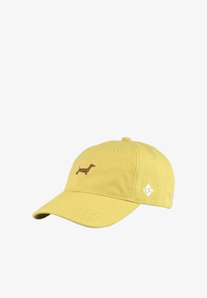 Gelbe Baseballkappe mit kleiner brauner Dackelstickerei auf der Vorderseite und weißem, rautenförmigem Logo an der Seite, aus strukturiertem Stoff gefertigt.