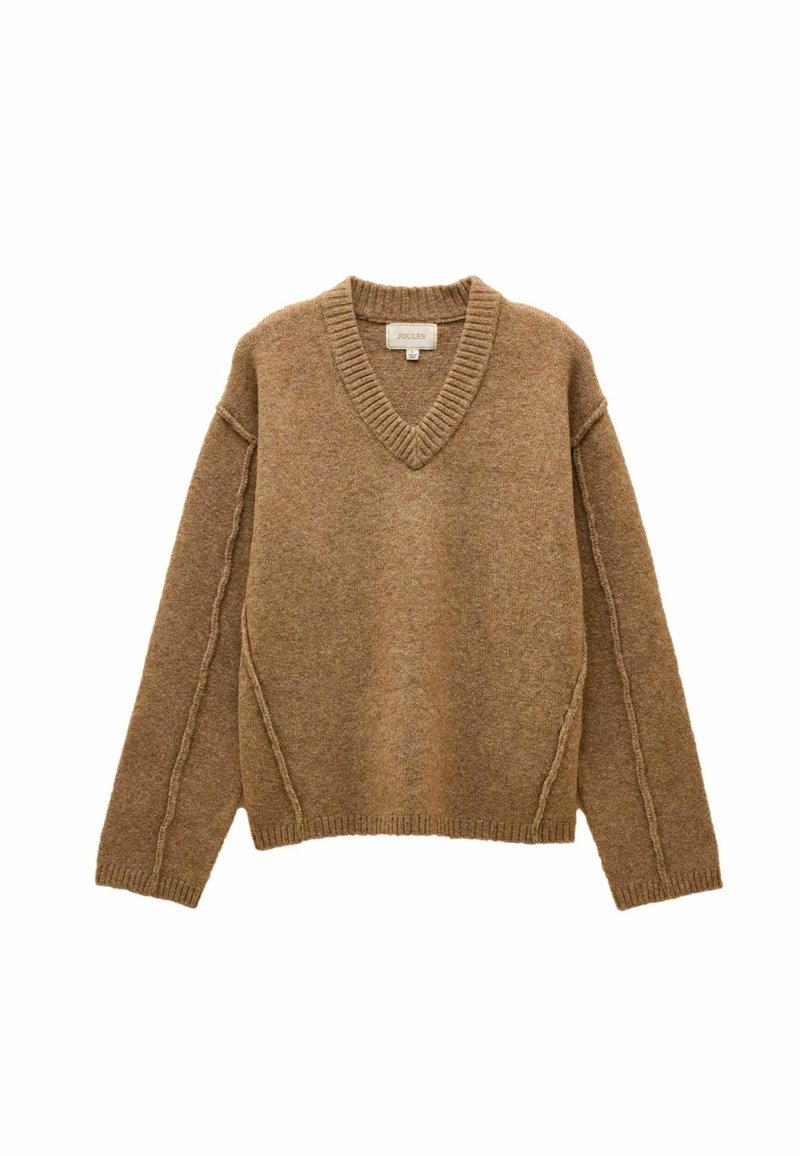 Brązowy sweter dzianinowy z dekoltem w serek, opuszczonymi ramionami i ribbowymi mankietami. Posiada widoczne szwy po bokach. Teksturowane wykończenie.