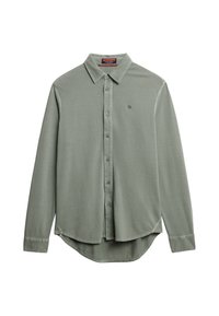 Helles grünes Langarmshirt mit spitzem Kragen, Knopfverschluss vorne, abgerundetem Saum und kleinem Logo auf der Brust. Glatter Stoffgriff.