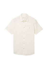 Cămașă cu mânecă scurtă și nasturi, de culoare crem deschis, având un material texturat, guler standard, buzunar aplicat și nasturi maro.