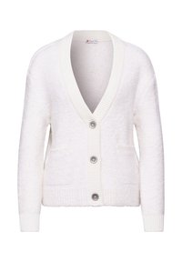 Cardigan bianco soffice con scollatura a V profonda, polsini e orlo a costine. Presenta bottoni e due tasche frontali. Tessuto morbido.