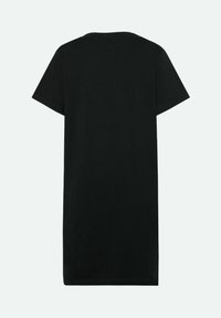 Czarna sukienka t-shirt z bawełny, o prostym kroju, z krótkimi rękawami i okrągłym dekoltem, o gładkiej fakturze.