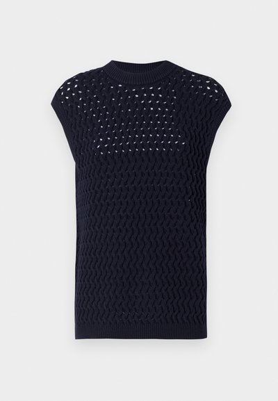 Trikotaža u mornarskoj plavoj boji s teksturiranim, otvorenim uzorkom, okruglim izrezom i rukavima do ramena. Mekan materijal s rebrastim rubovima.