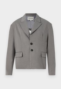 Gray cropped blazer made of textured fabric, featuring a notched collar, two black buttons, and two front pockets.