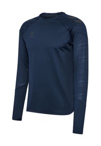 Marineblaues langärmeliges Sportshirt mit glatter Oberfläche, das strukturierte Akzente an Schultern und Ärmeln aufweist; Rundhalsausschnitt-Design.