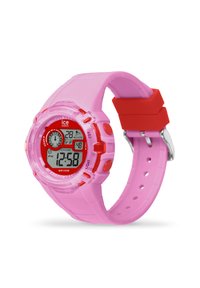 Montre numérique avec un boîtier rose translucide, un bracelet en silicone rose, des accents rouges, et un écran affichant l'heure et la date. Résistante à l'eau jusqu'à 100 mètres.