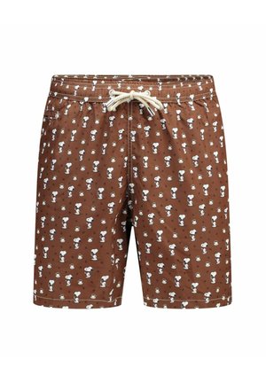 Costume da bagno marrone con coulisse bianca, decorato con piccole illustrazioni bianche di cane e tazza di caffè.