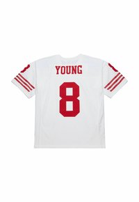 White sports jersey with red stripes on sleeves, number 8 in large red print, and "YOUNG" written above the number on the back.