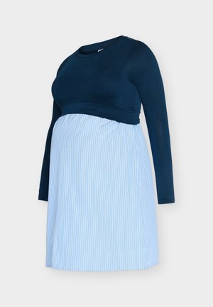 Maternity dress featuring a dark blue top with long sleeves and a light blue striped skirt, made from soft, breathable fabric.