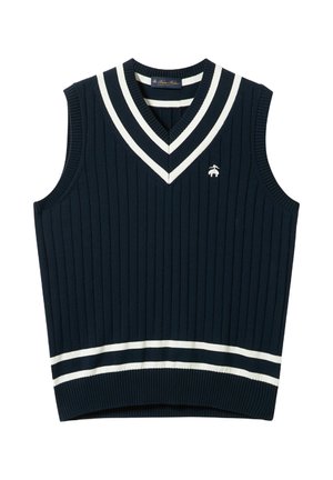 Marineblauw mouwloos vest van ribgebreid materiaal. Heeft een V-hals, witte strepen bij de halslijn en zoom, en een klein logo op de borst.