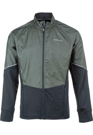 Groene en zwarte zip-up jas van lichtgewicht, gestructureerde stof. Voorzien van een hoge kraag, zijzakken en reflecterende accenten.
