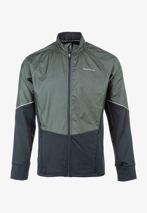 Grøn og sort zip-up jakke lavet af letvægts, struktureret stof. Har en høj krave, sidelommer og reflekterende detaljer.