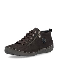 Baskets décontractées marron foncé avec lacets, fermeture éclair latérale, écusson rond avec logo et semelle épaisse texturée.