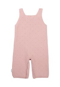 Gestrickter rosa Jumpsuit mit verstellbaren Schulterträgern, kleinen strukturierten Punkten und Druckknöpfen im unteren Bereich für ein einfaches An- und Ausziehen.