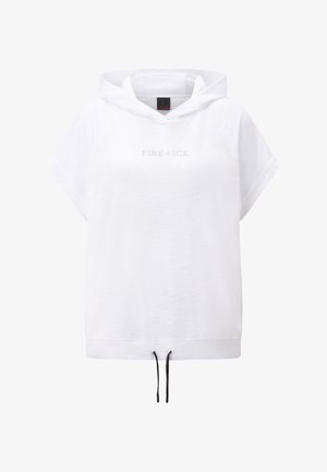 White short-sleeve hoodie with a drawstring bottom. Features "FIRE + ICE" printed above the chest in subtle accents. Lightweight fabric.