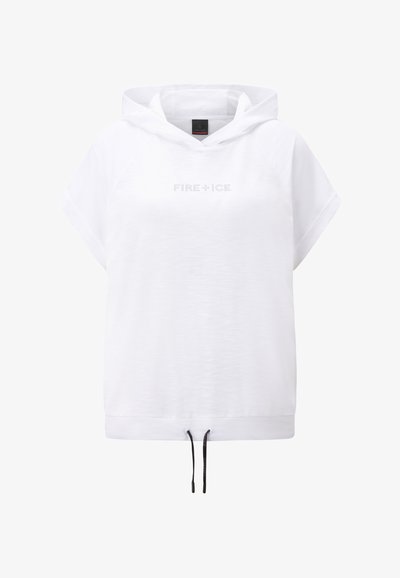 White short-sleeve hoodie with a drawstring bottom. Features "FIRE + ICE" printed above the chest in subtle accents. Lightweight fabric.