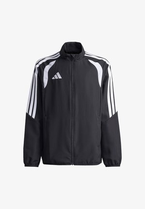 Chaqueta deportiva negra con cremallera, con rayas blancas en los hombros, puños elásticos y un pequeño logo triangular blanco en el pecho izquierdo.