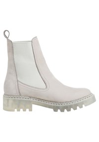 Jasnobeżowe, skórzane botki za kostkę z elastycznymi panelami po bokach, przeszyciami oraz przezroczystymi gumowymi podeszwami z masywnym bieżnikiem.