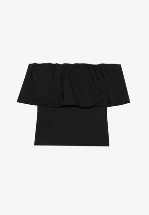 Haut noir dénudé des épaules avec un tissu froncé au niveau du col, une texture ajustée au corps et des manches courtes. Matériau doux et lisse.