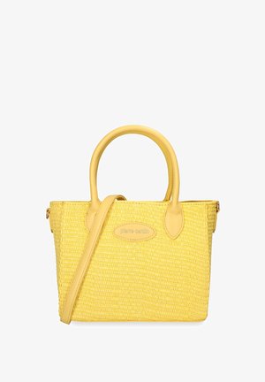 Borsa a mano gialla intrecciata con manici arrotondati e tracolla removibile, con una piccola toppa ovale con logo sul davanti.
