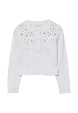 Weisse, kurz geschnittene Jacke mit langen Ärmeln, Frontknöpfen, zwei Brusttaschen und verstreuten irisierenden Schmucksteinen auf Schultern und Brust.