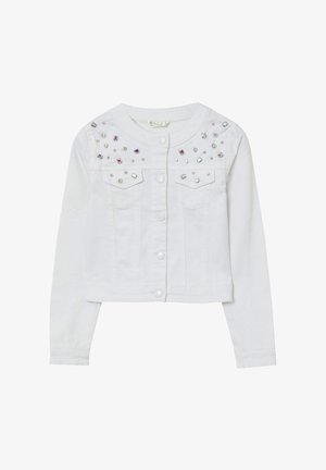 Weisse, kurz geschnittene Jacke mit langen Ärmeln, Frontknöpfen, zwei Brusttaschen und verstreuten irisierenden Schmucksteinen auf Schultern und Brust.