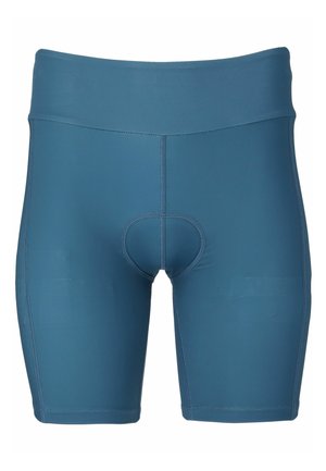 Heren zwembaden in een effen teal kleur, gemaakt van een zachte, rekbare stof met een aansluitend ontwerp en versterkte stiksels langs de naden.