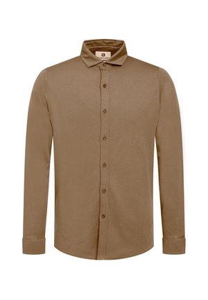 Bruine lange mouwen shirt met een knoopsluiting aan de voorkant, zachte stof, puntige kraag en knoopmanchetten. Eenvoudig ontwerp, zonder patronen of accenten.