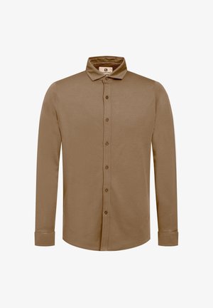 Rjava srajca z dolgimi rokavi z gumbnim zapiranjem spredaj, mehka tkanina, s koničastim ovratnikom in gumbnimi manšetami. Preprost dizajn, brez vzorcev ali okraskov.