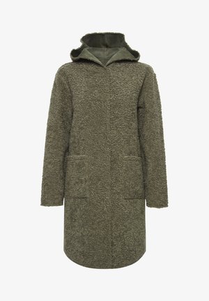 Olivno zelena jakna z teksturirano, puhasto zunanjostjo, ki ima kapuco, dva sprednja žepa in ravno rez. Mehka tkanina z mat površino.