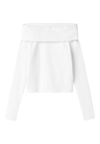 Weißes Off-Shoulder-Oberteil mit langen Ärmeln, aus einem glatten Stoff gefertigt, mit weitem Ausschnitt und leicht lockerer Passform.