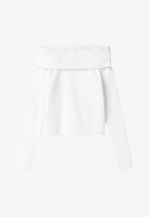 Weißes Off-Shoulder-Oberteil mit langen Ärmeln, aus einem glatten Stoff gefertigt, mit weitem Ausschnitt und leicht lockerer Passform.