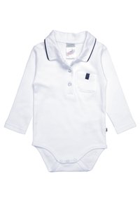 Hvit langermet baby bodysuit med kragehals, tre-knapps placket og en liten brystlomme med marineblå akcent.