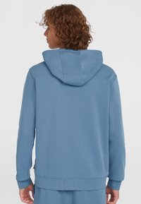 Light blue hoodie with a drawstring hood, long sleeves, and ribbed cuffs. Features a textured fabric and a relaxed fit design.