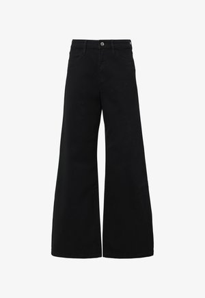 Schwarze, weit geschnittene Jeanshose mit hohem Bund, Fronttaschen und Knopfverschluss. Glatte Textur mit einem klaren Design.