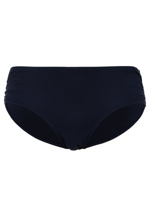 Tengerészkék fürdőnadrág, oldalt redőzött részletekkel, közepes magasságú derékkal, sima textúrával és klasszikus kivágással a kényelem és a megfelelő takarás érdekében.