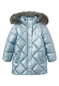 Svetle modrá péřová bunda s lesklým povrchem, diamantovým prošíváním a kapucí s umělou kožešinou. Obsahuje boční kapsy a přední zip.