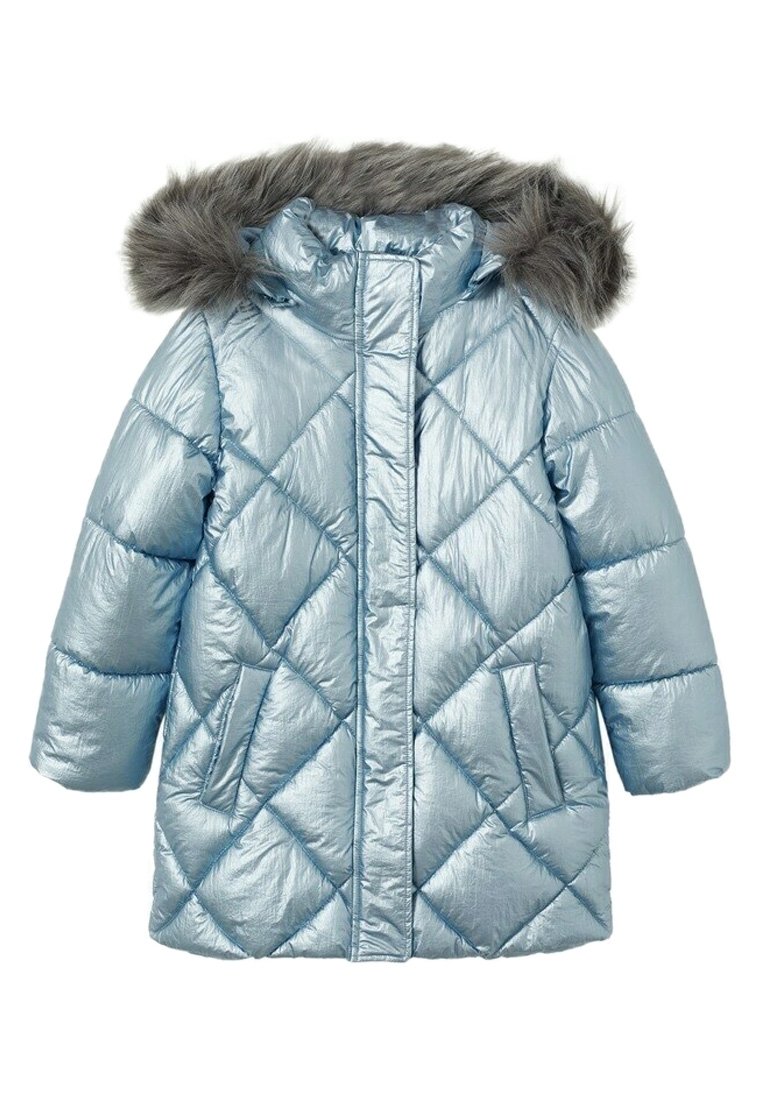 Svetle modrá péřová bunda s lesklým povrchem, diamantovým prošíváním a kapucí s umělou kožešinou. Obsahuje boční kapsy a přední zip.