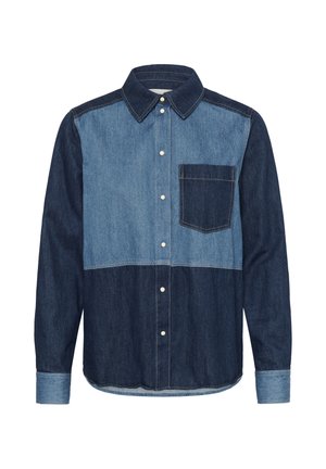 Vyriški džinsiniai marškiniai su ilgomis rankovėmis, dviem atspalviais mėlynos spalvos skyriais, kontrastine krūtinės kišene, sagomis užsegama priekiu ir apykakle.