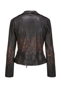 Lederjacke mit taillierter Passform, dunkelbrauner Farbe, Leopardenmuster-Akzenten am unteren Rücken und klassischem Kragen. Lange Ärmel sind enthalten.