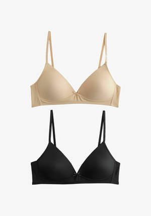 To glatte, let polstrede bh'er, en beige og en sort, hver med tynde justerbare stropper og små forreste sløjfer.