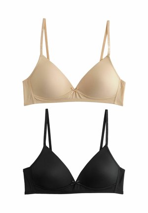 Harma beige ja musta kolmnurkne bras, millel on reguleeritavad rihmad, siledast kangast ja väike lipsu kaunistus iga tassi keskel.