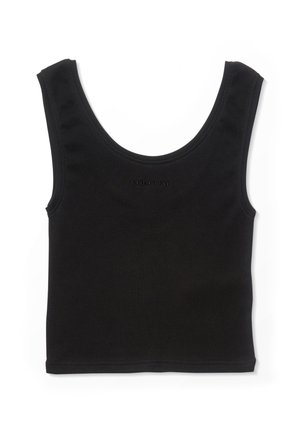 Sort ærmeløs crop top med rund halsudskæring og lille "Volcom"-logo broderet på frontens midte.