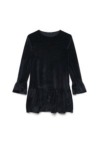 Czarna welurowa bluzka z rękawami o długości trzech kwart, marszczonymi mankietami i gathered hem. Posiada kropkowany wzór na materiale.