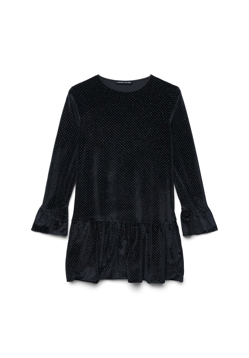 Czarna welurowa bluzka z rękawami o długości trzech kwart, marszczonymi mankietami i gathered hem. Posiada kropkowany wzór na materiale.