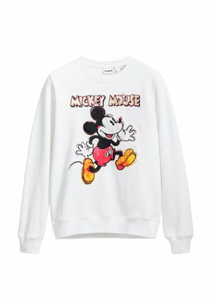 White sweatshirt featuring a large, colorful graphic of Mickey Mouse in black, red, and yellow, with long sleeves and a round neckline.