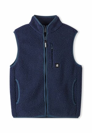 Gilet senza maniche in pile blu navy con zip frontale, colletto alto, due tasche laterali e tasca sul petto con zip.