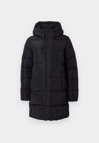 Schwarze gepolsterte Jacke mit Kapuze, ausgestattet mit einem Reißverschluss an der Vorderseite, elastischen Kordeln und genähten Paneelen zur Isolierung.