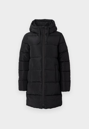 Svart vadderad jacka med huva, med en framsidans dragkedja, elastiska snoddar och sydda paneler för isolering.